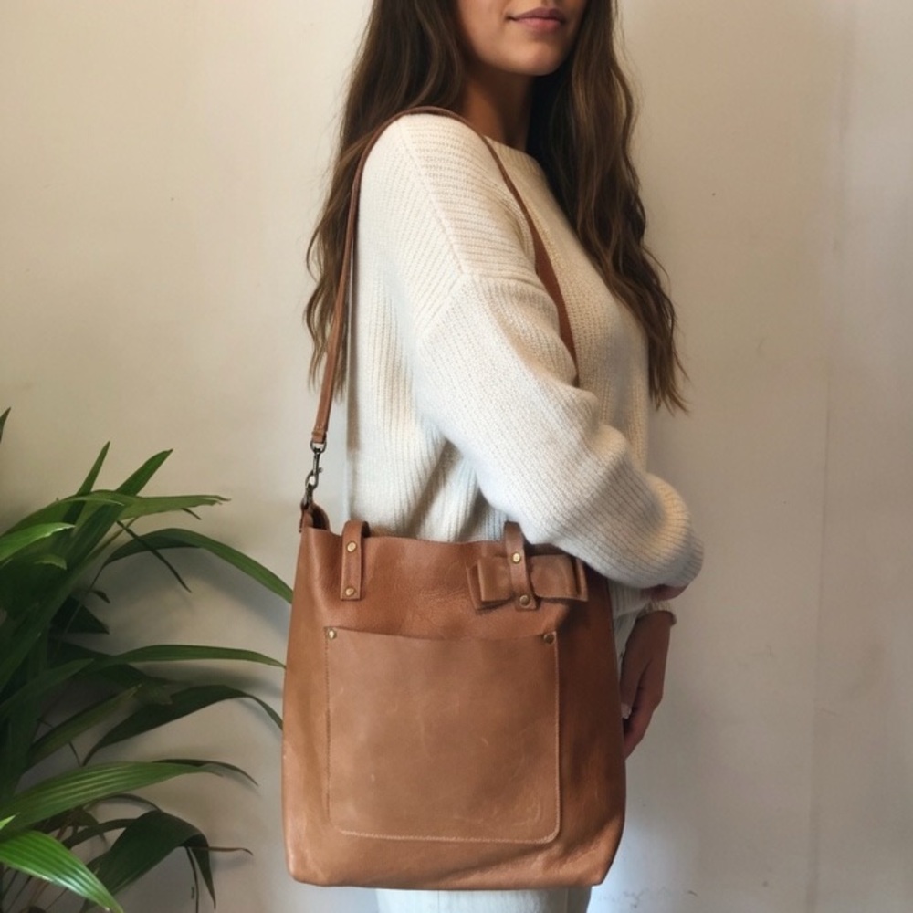 Custom Made 100% Leather Tan Crossbody Tote Bag
